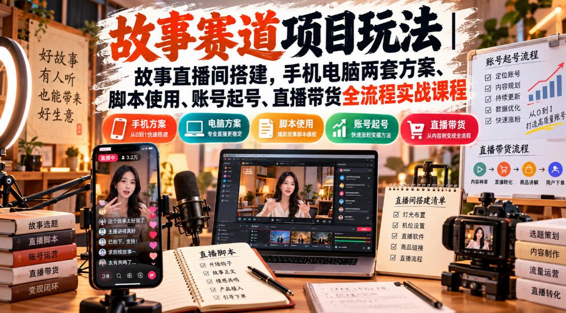故事赛道项目玩法｜故事直播间搭建，手机电脑两套方案、脚本使用、账号起号、直播带货全流程实战课程-云网创
