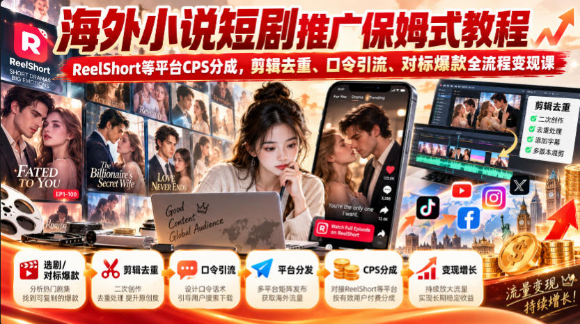 海外小说短剧推广保姆式教程｜ReelShort等平台CPS分成，剪辑去重、口令引流、对标爆款全流程变现课-云网创