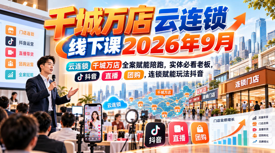 千城万店云连锁线下课2026年9月，云连锁千城万店全案赋能陪跑，实体必看老板，抖音，直播，团购，连锁赋能玩法抖音-云网创