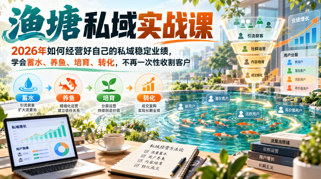 千一桢选《渔塘》私域实战课，2026年如何经营好自己的私域稳定业绩，学会蓄水、养鱼、培育、转化，不再一次性收割客户-云网创