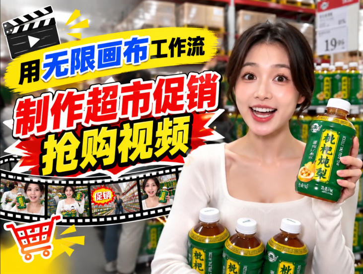无限画布超市促销抢购视频工作流，一键产出TikTok抖音带货短视频-云网创