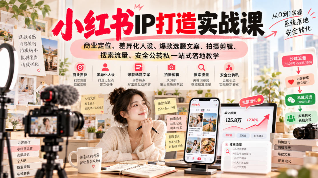 小红书ip打造实战课，商业定位、差异化人设、爆款选题文案、拍摄剪辑、搜索流量、安全公转私一站式落地教学-云网创