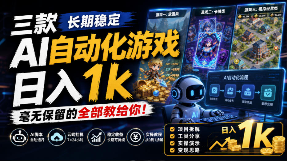 三款长期稳定AI自动化游戏，日入1k，毫无保留的全部教给你！【揭秘】-云网创