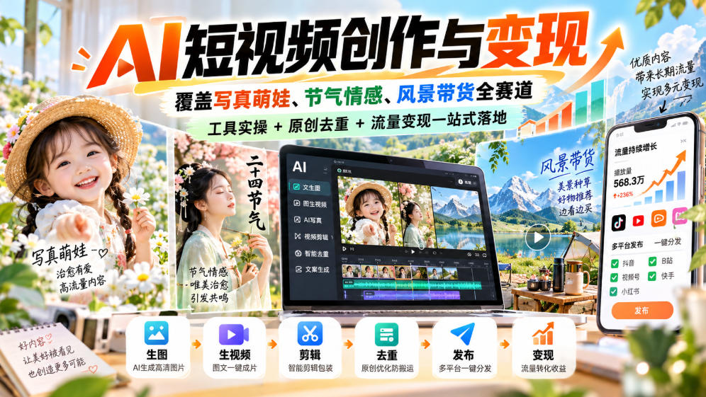 AI短视频创作与变现，覆盖写真萌娃、节气情感、风景带货全赛道，工具实操+原创去重+流量变现一站式落地-云网创