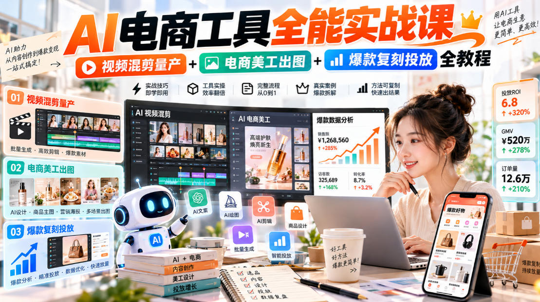AI电商工具全能实战教学，视频混剪量产+电商美工出图+爆款复刻投放全教程​-云网创