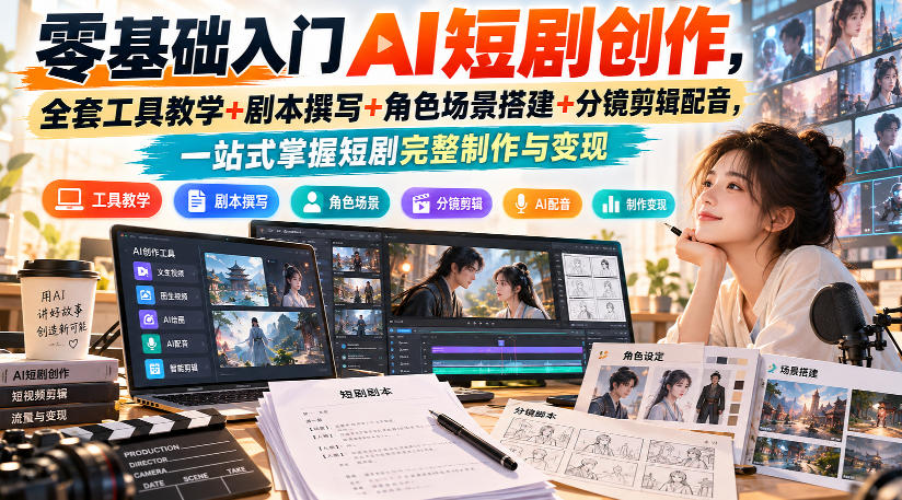 零基础入门AI短剧创作，全套工具教学+剧本撰写+角色场景搭建+分镜剪辑配音，一站式掌握短剧完整制作与变现-云网创