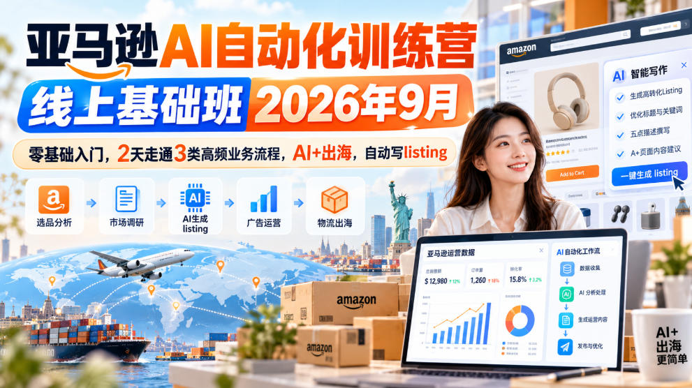 亚马逊AI自动化训练营线上基础班2026年9月，零基础入门，2天走通3类高频业务流程，AI+出海，自动写listing-云网创