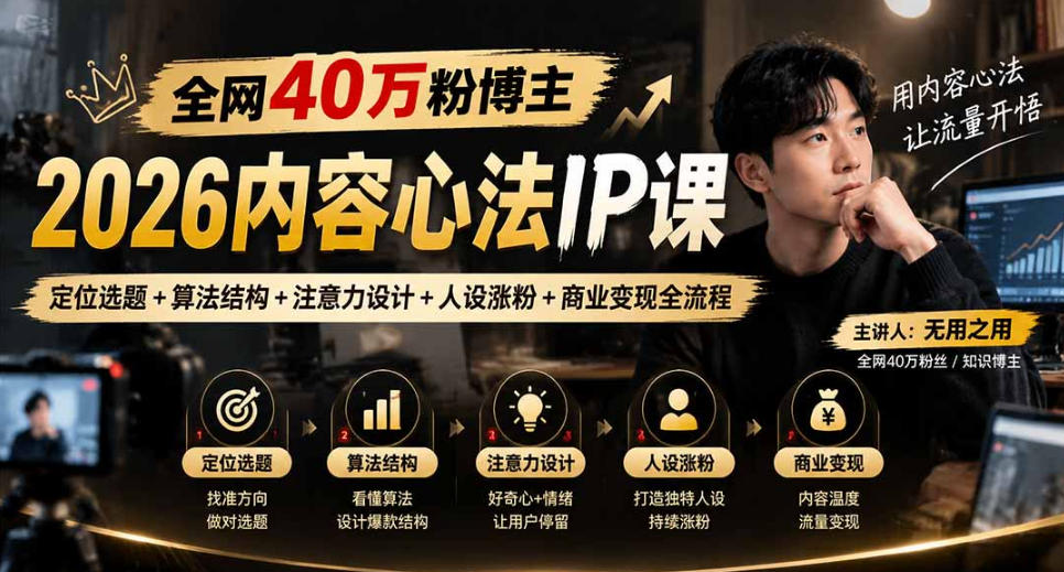 【无水印】无用之用40W粉博主的2026内容心法IP课，定位选题+算法结构+注意力设计+人设涨粉+商业变现全流程-云网创