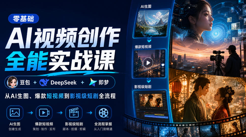 零基础AI视频创作全能实战课｜豆包+DeepSeek+即梦，从AI生图、爆款短视频到影视级短剧全流程-云网创