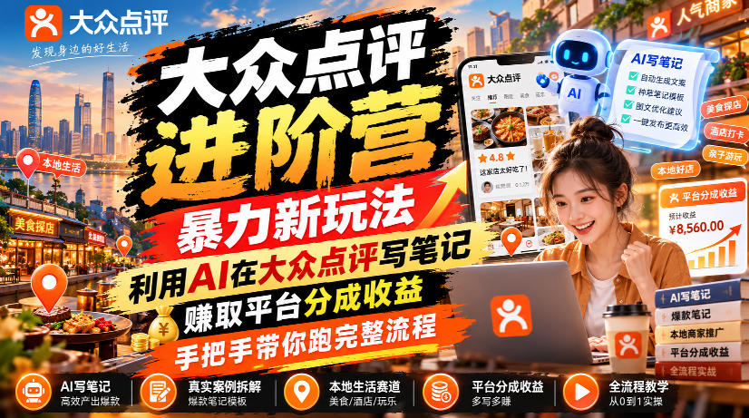 大众点评进阶营，暴力新玩法，利用AI在大众点评写笔记， 賺取平台分成收益，手把手带你跑完整流程-云网创