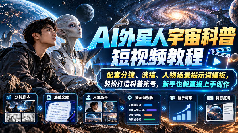 AI外星人宇宙科普短视频教程，配套分镜、洗稿、人物场景提示词模板，轻松打造科普账号，新手也能直接上手创作-云网创