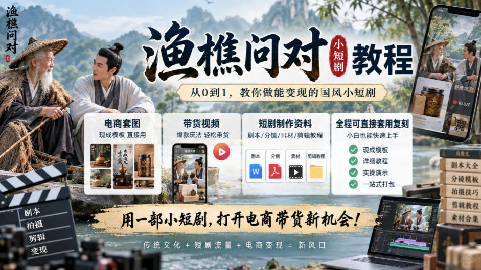 渔樵问对小短剧教程，包含电商套图、带货视频，短剧制作资料，全程可直接套用复刻-云网创