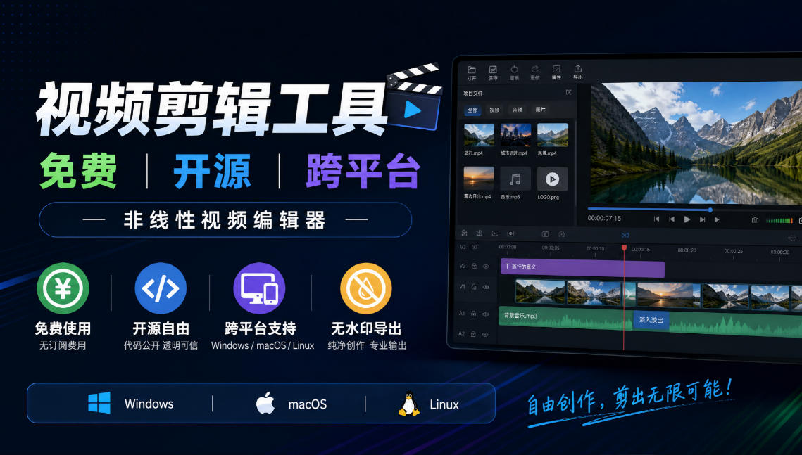 视频剪辑工具，免费、开源、跨平台，非线性视频编辑器，支持Windows、macOS、Linux，无水印、无订阅费用-云网创
