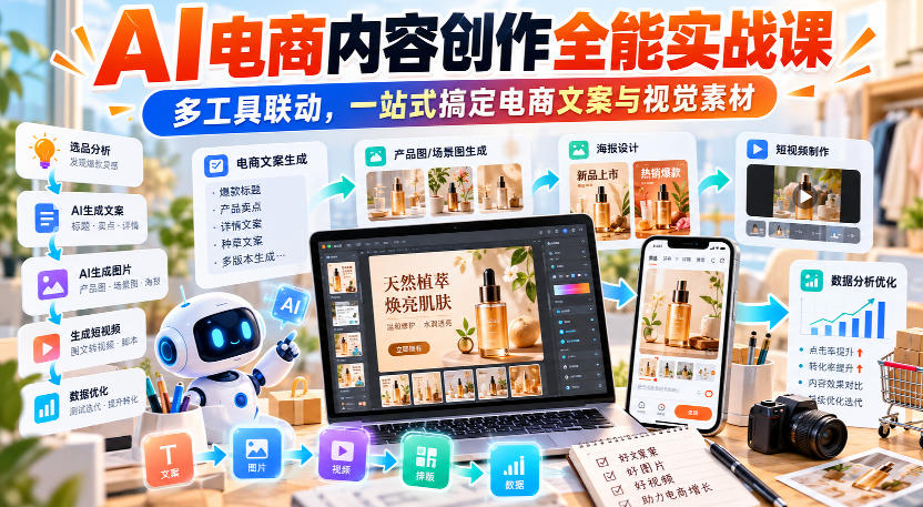 【无水印】AI电商内容创作全能实战课｜多工具联动，一站式搞定电商文案与视觉素材-云网创