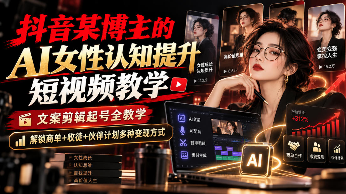 抖音某博主的Ai女性认知提升短视频教学，文案剪辑起号全教学，解锁商单+收徒+伙伴计划多种变现方式-云网创