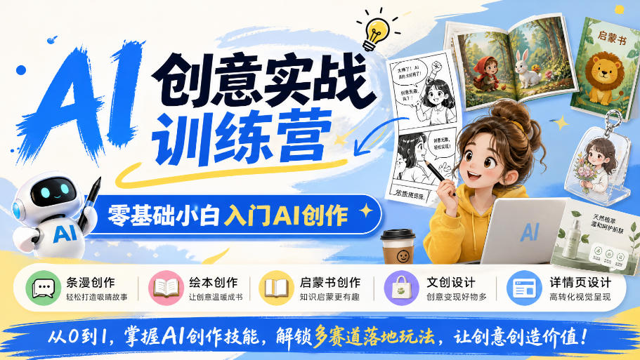 AI创意实战训练营，零基础小白入门AI创作，解锁条漫、绘本、启蒙书、文创、详情页多赛道落地玩法-云网创