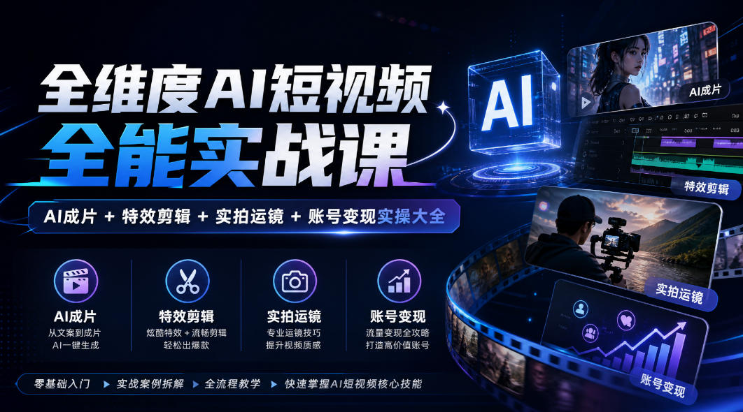 全维度AI短视频全能实战课，AI成片+特效剪辑+实拍运镜+账号变现实操大全-云网创