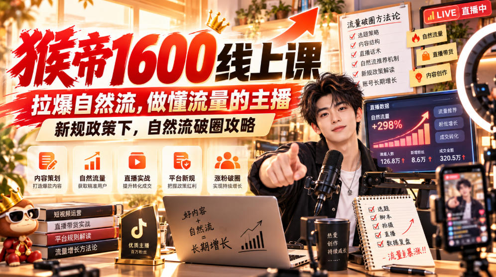 猴帝1600线上课，拉爆自然流，做懂流量的主播，新规政策下，自然流破圈攻略【更新261002】-云网创
