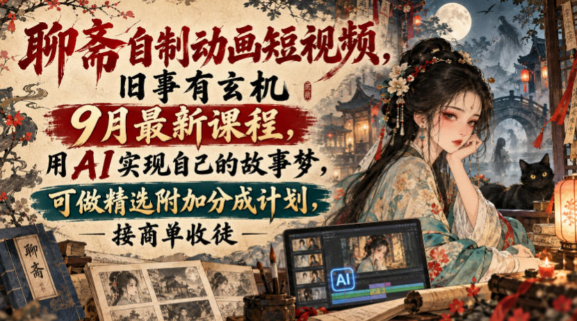 聊斋自制动画短视频，旧事有玄机9月最新课程，用AI实现自己的故事梦，可做精选附加分成计划，接商单收徒-云网创