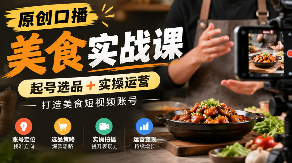原创口播美食实战课，起号选品+实操运营，打造美食短视频账号-云网创