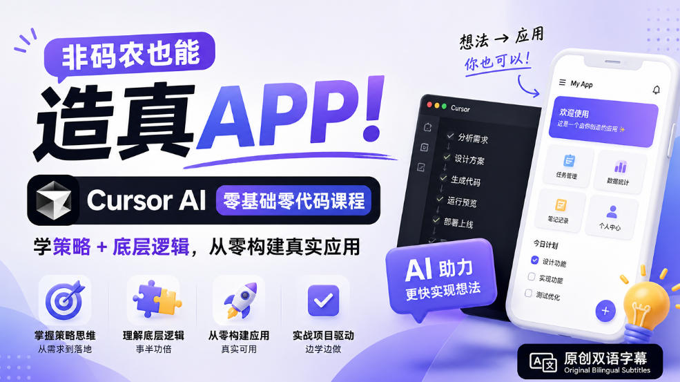非码农也能造真APP！Cursor AI零基础零代码课程：学策略+底层逻辑，从零构建真实应用【原创双语字幕】-云网创