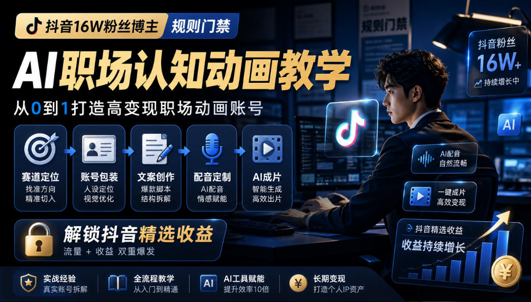 抖音16W粉丝博主规则门禁的AI职场认知动画教学，从赛道定位、账号包装，到文案创作、配音定制、AI成片，解锁抖音精选收益-云网创
