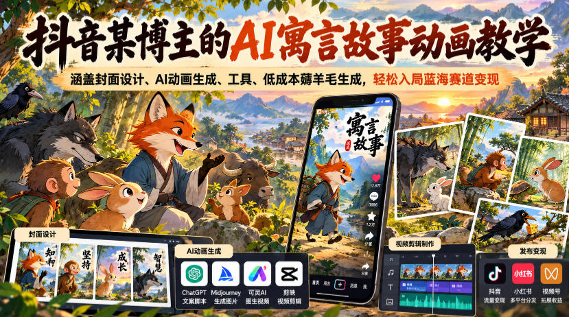 抖音某博主的AI寓言故事动画教学，涵盖封面设计、AI动画生成、工具、低成本薅羊毛生成，轻松入局蓝海赛道变现-云网创