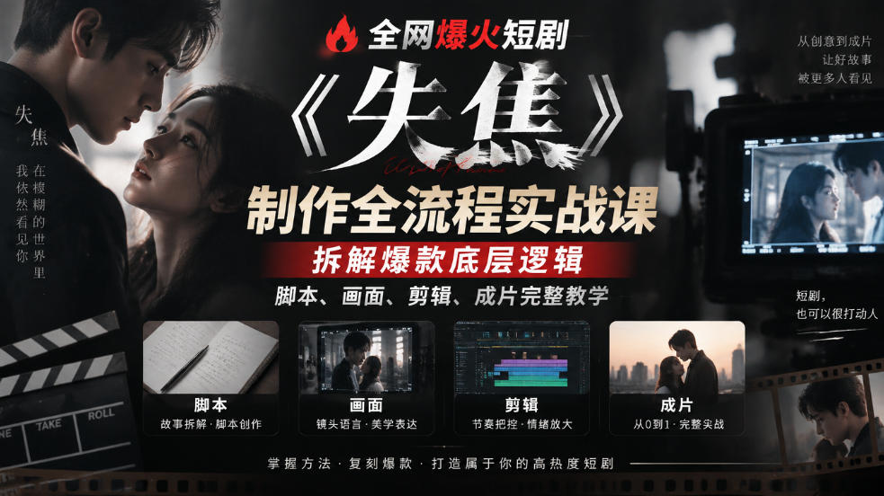 全网爆火短剧《失焦》制作全流程实战课｜拆解爆款底层逻辑，脚本、画面、剪辑、成片完整教学-云网创