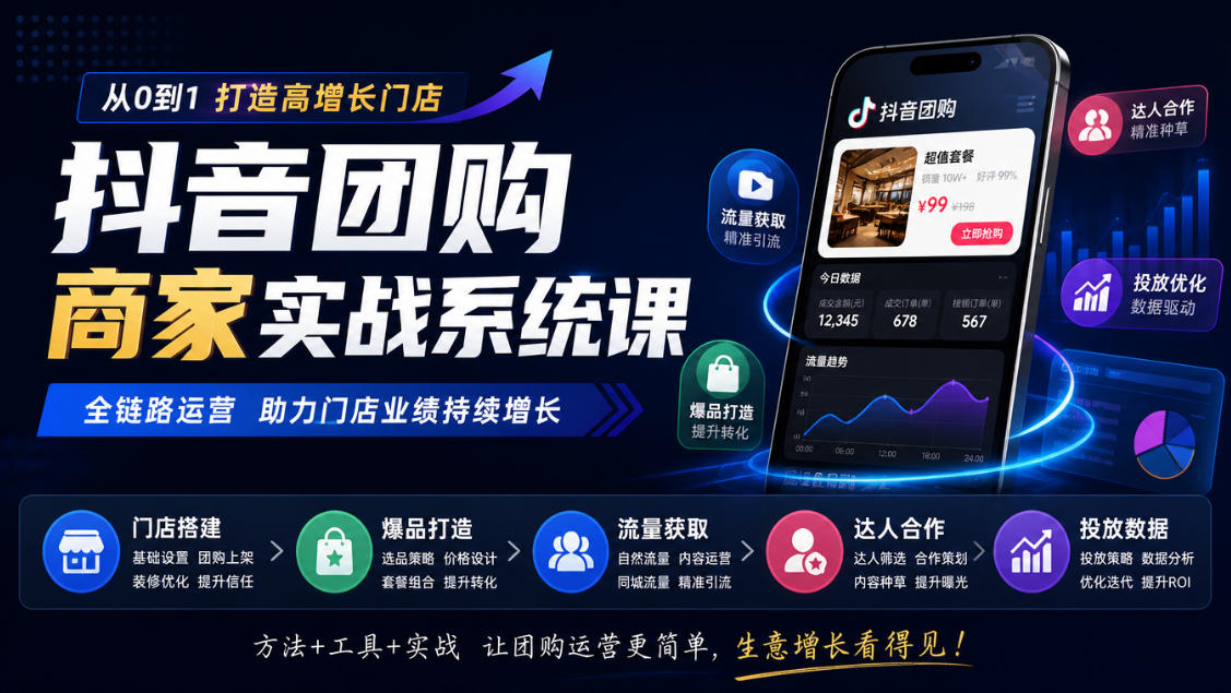 抖音团购商家实战系统课｜门店搭建、爆品打造、流量获取、达人合作、投放数据全链路运营-云网创