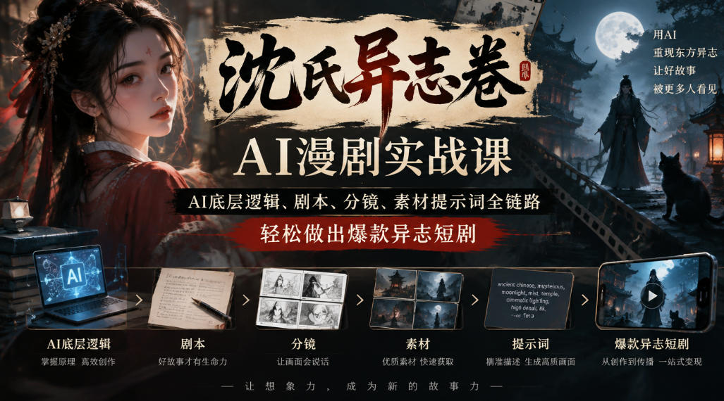 沈氏异志卷AI漫剧实战课｜AI底层逻辑、剧本、分镜、素材提示词全链路，轻松做出爆款异志短剧-云网创