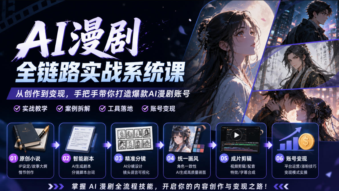AI漫剧全链路实战系统课｜原创小说、智能剧本、精准分镜、统一画风、成片剪辑、账号变现实操教学-云网创