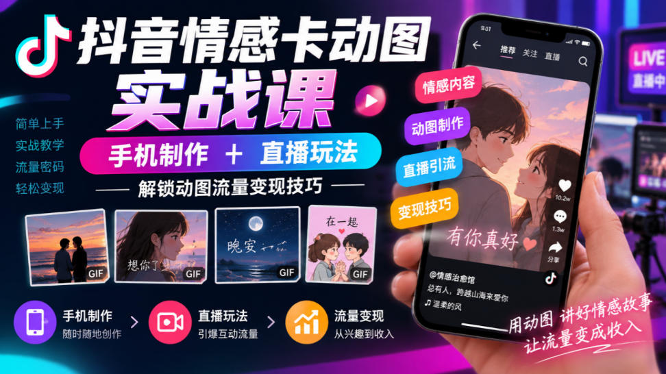 抖音情感卡动图实战课｜手机制作+直播玩法，解锁动图流量变现技巧-云网创