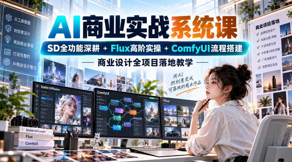 AI商业实战系统课｜SD全功能深耕+Flux高阶实操+Comfyui流程搭建，商业设计全项目落地教学-云网创