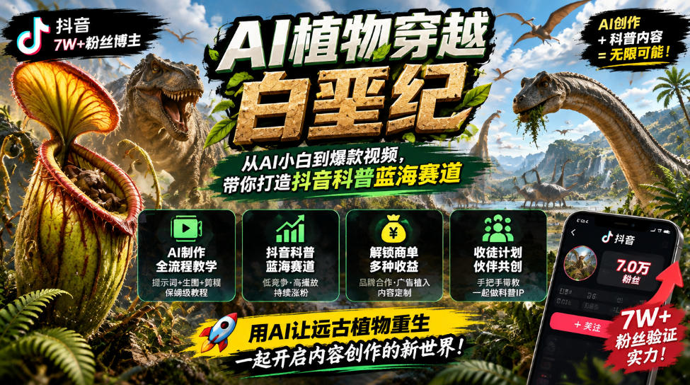 抖音7W粉丝博主的AI植物穿越白垩纪教学，抖音科普蓝海赛道，解锁商单收徒伙伴计划等多种收益-云网创
