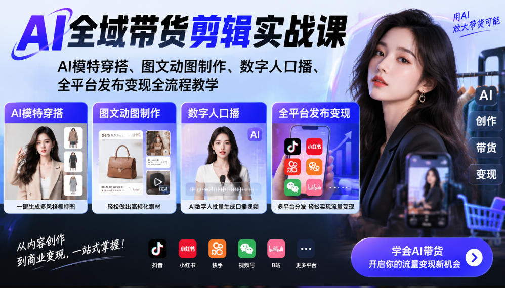 AI全域带货剪辑实战课｜AI模特穿搭、图文动图制作、数字人口播、全平台发布变现全流程教学-云网创