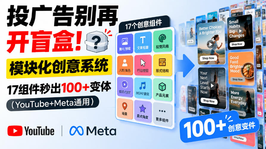 投广告别再开盲盒！模块化创意系统，17组件秒出100+变体(YouTube+Meta通用)【原创双语字幕】-云网创