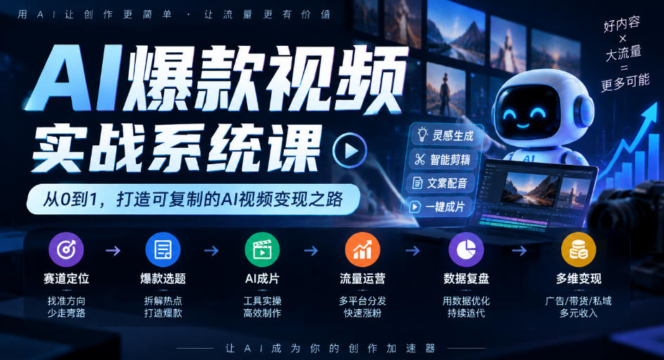 AI爆款视频实战系统课｜赛道定位、爆款选题、AI成片、流量运营、数据复盘、多维变现全链路教学-云网创