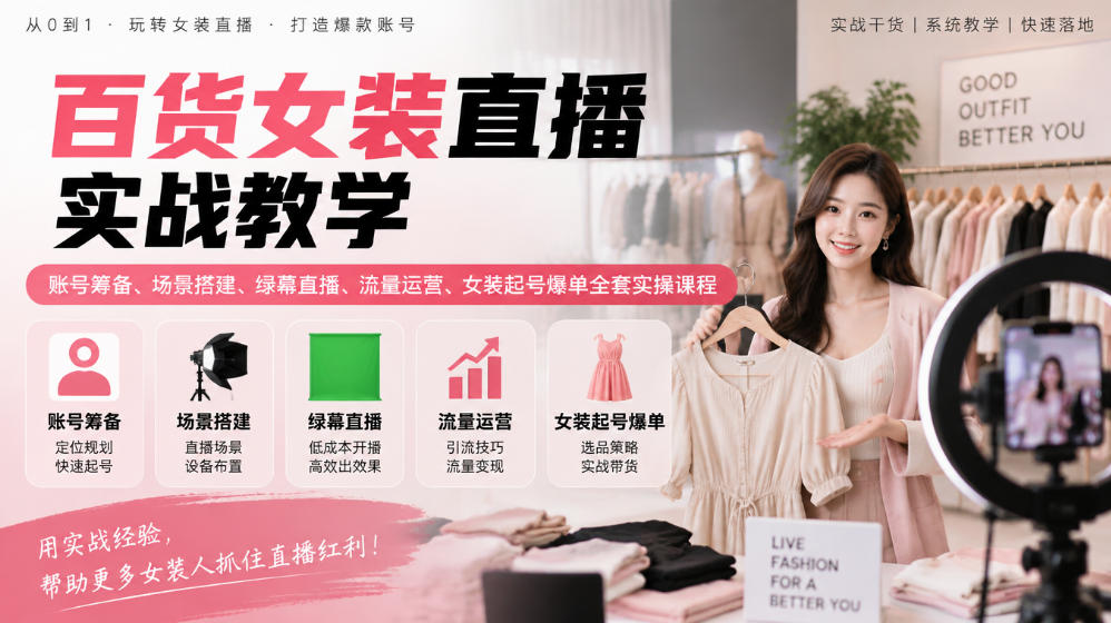 百货女装直播实战教学｜账号筹备、场景搭建、绿幕直播、流量运营、女装起号爆单全套实操课程-云网创