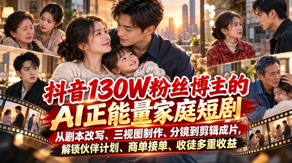 抖音130W粉丝博主的AI正能量家庭短剧，从剧本改写、三视图制作、分镜到剪辑成片，解锁伙伴计划、商单接单、收徒多重收益(更新1007)-云网创