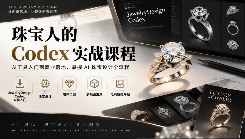 珠宝人的Codex实战课程｜JewelryDesign Codex安装入门、AI珠宝设计、爆款二创、多视图生成、电商精修海报全链路教学-云网创