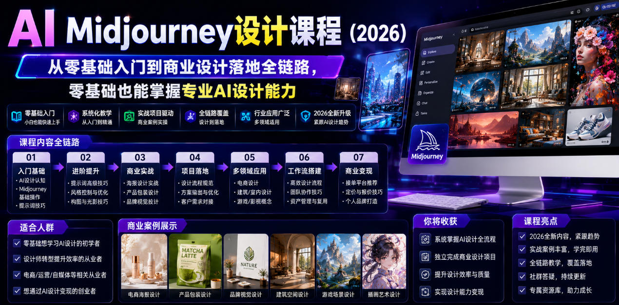 AI Midjourney设计课程(2026)，从零基础入门到商业设计落地全链路，零基础也能掌握专业AI设计能力(更新1007)-云网创