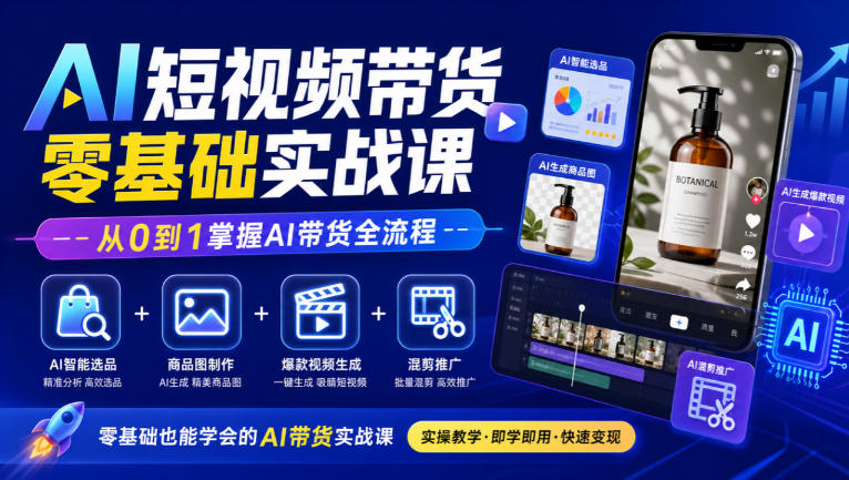 AI短视频带货零基础实战课｜AI智能选品+商品图制作+爆款视频生成+混剪推广，从0到1掌握AI带货全流程-云网创