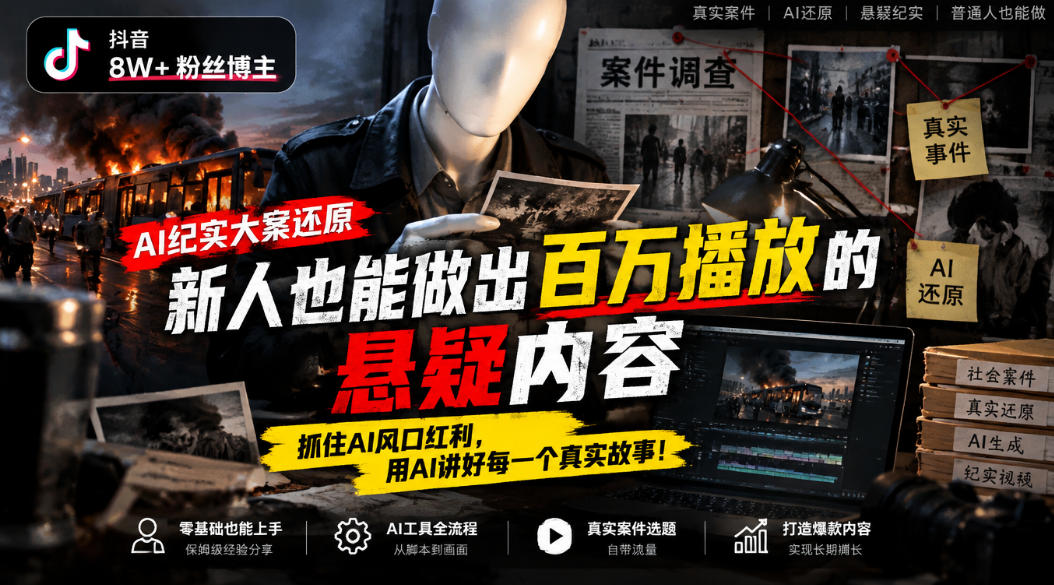 抖音8W粉丝博主的AI纪实大案还原教学,新人也能做出百W播放的悬疑内容,抓住AI风口红利,用AI讲好每一个真实故事-云网创