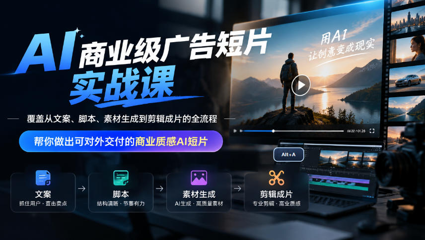 AI商业级广告短片实战课，覆盖从文案、脚本、素材生成到剪辑成片的全流程，帮你做出可对外交付的商业质感AI短片-云网创