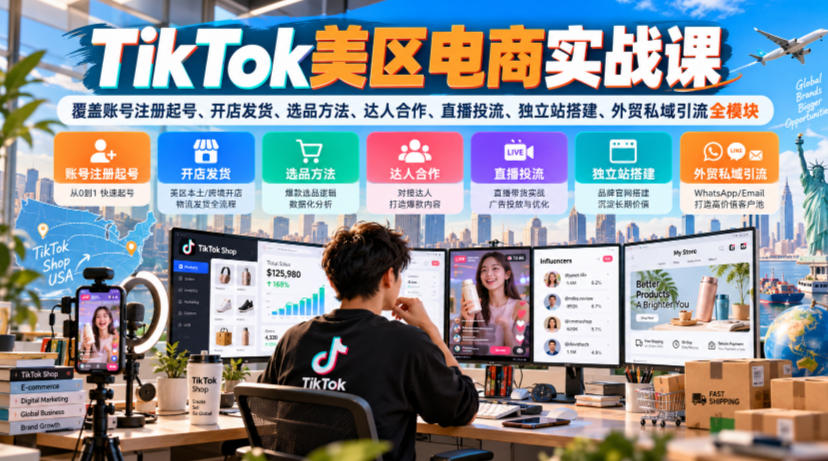 TikTok美区电商实战课，覆盖账号注册起号、开店发货、选品方法、达人合作、直播投流、独立站搭建、外贸私域引流全模块-云网创