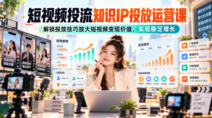 短视频投流知识IP投放运营课，解锁投放技巧放大短视频变现价值，实现稳定增长-云网创