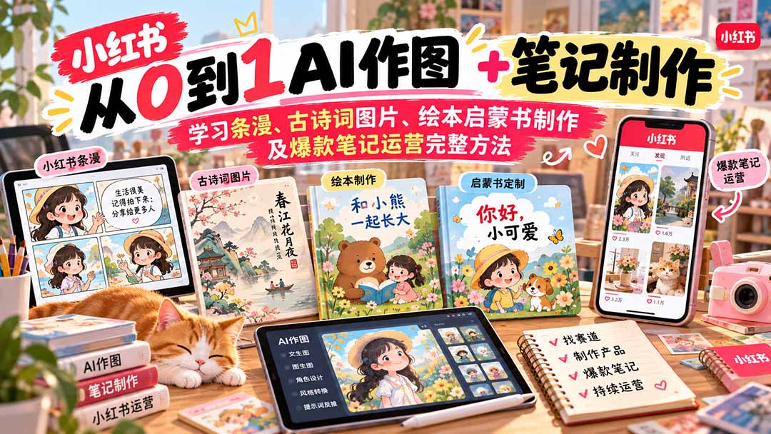 2026小红书AI内容创作从0到1-更新1009：学习条漫、古诗词图片、绘本启蒙书制作及爆款笔记运营完整方法-云网创