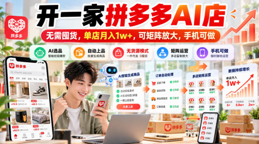 开一家拼多多AI店，无需囤货，单店月入1w+，可矩阵放大，手机可做【揭秘】-云网创