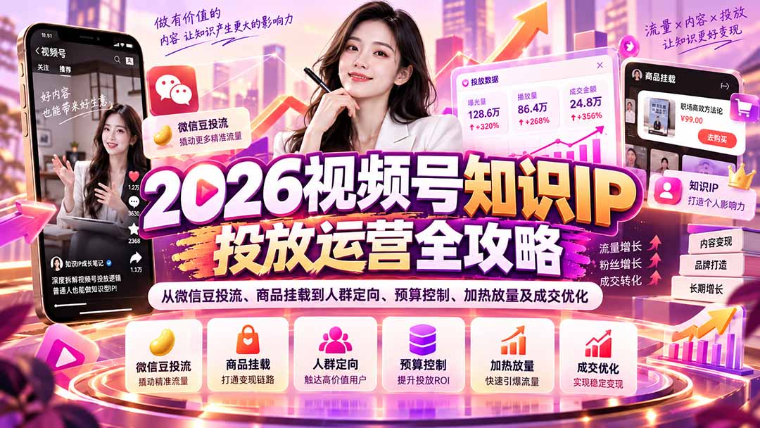 2026视频号知识IP投放运营全攻略：从微信豆投流、商品挂载到人群定向、预算控制、加热放量及成交优化-云网创