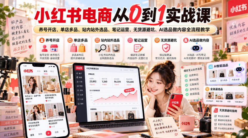 小红书电商从0到1实战课｜养号开店、单店多品、站内站外选品、笔记运营、无货源避坑、AI选品做内容全流程教学-云网创